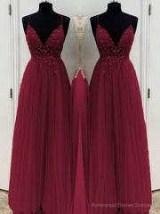 A-Line/Princess V-neck Floor-Length Tulle Prom Dresses With Beading