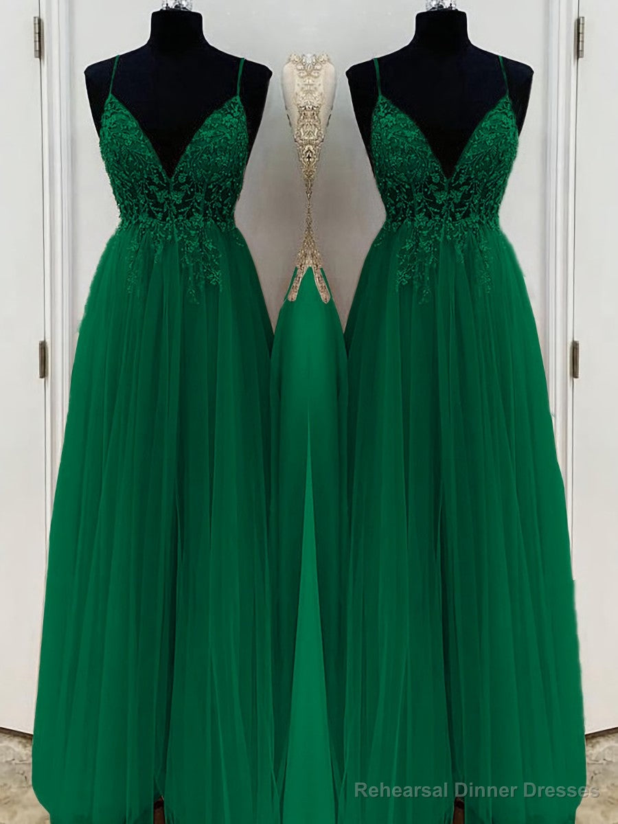 A-Line/Princess V-neck Floor-Length Tulle Prom Dresses With Beading