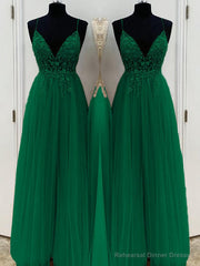 A-Line/Princess V-neck Floor-Length Tulle Prom Dresses With Beading