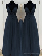 A-Line/Princess V-neck Floor-Length Tulle Prom Dresses With Beading