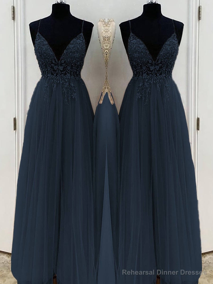 A-Line/Princess V-neck Floor-Length Tulle Prom Dresses With Beading