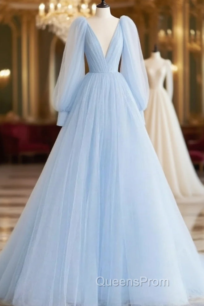 A-line Princess V Neck Full/Long Sleeve Court Train Tulle Evening Prom Dress- Evening Prom Dress