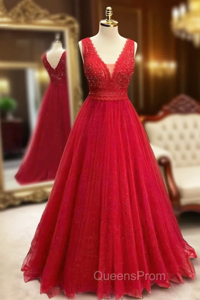 A-line Princess V Neck Long/Floor-Length Sparkly Tulle Evening Prom Dress With Appliqued Beading Glitter