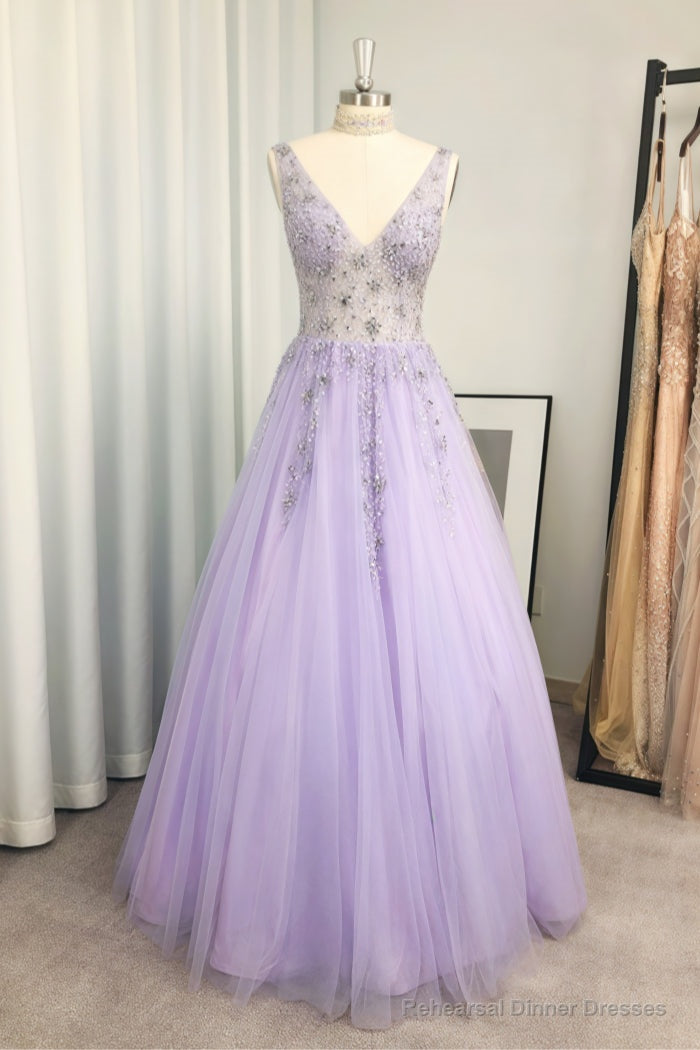 A-line/Princess V Neck Long/Floor-Length Tulle Prom Dresses With Beading Sequins Main image