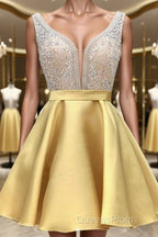 A-Line/Princess V-neck Short/Mini Satin Homecoming Dress With Beading