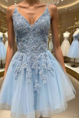 A-Line/Princess V-neck Short/Mini Tulle Homecoming Dress With Appliques Lace
