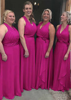 A-line/Princess V Neck Sleeveless Long/Floor-Length Chiffon Bridesmaid Dresses With Pleated Waistband