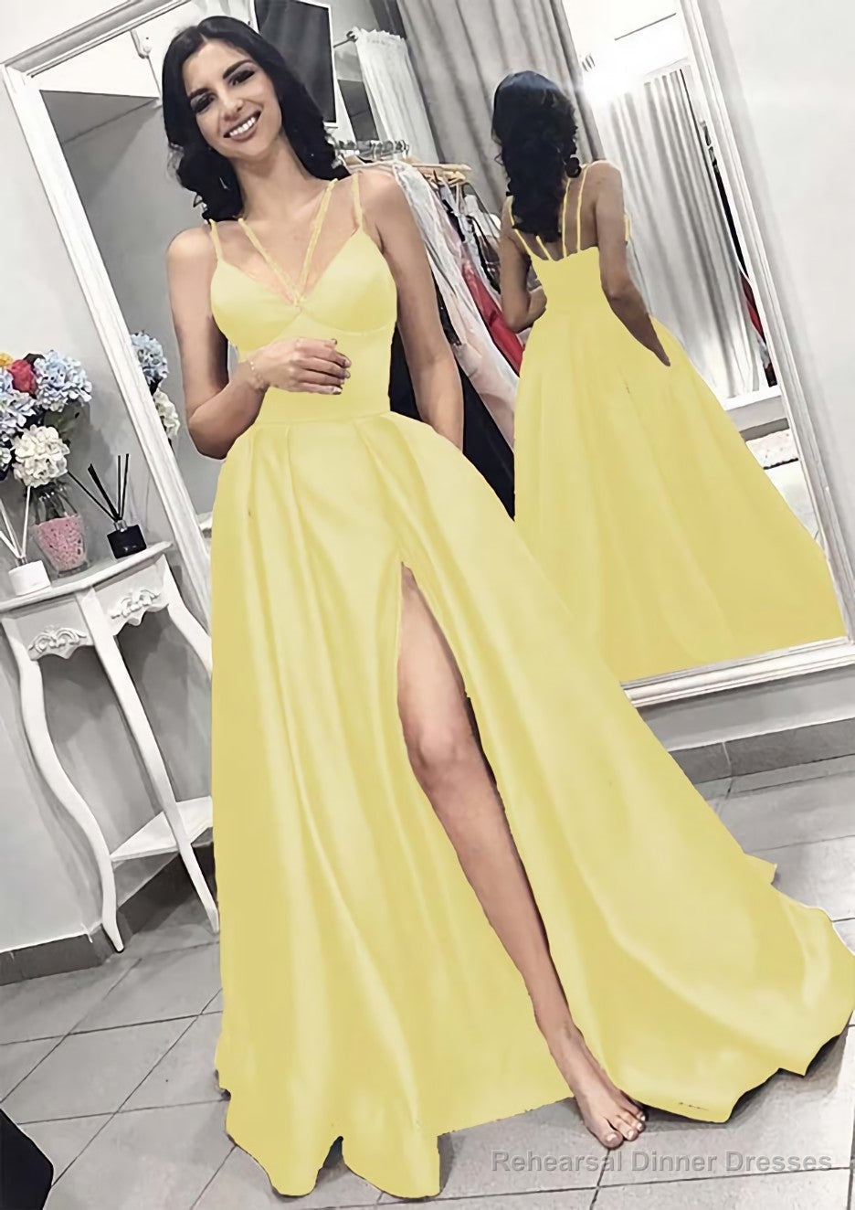 A-line/Princess V Neck Sleeveless Long/Floor-Length Elastic Satin Evening Dresses With Split Pleated
