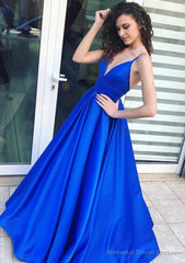 A-line/Princess V Neck Sleeveless Long/Floor-Length Satin Prom Dresses