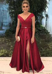 A-line/Princess V Neck Sleeveless Long/Floor-Length Satin Prom Dresses With Split Beading