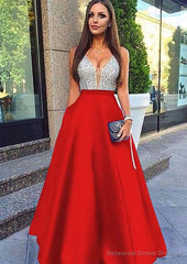 A-line/Princess V Neck Sleeveless Long/Floor-Length Satin Prom Dresses With Sequins