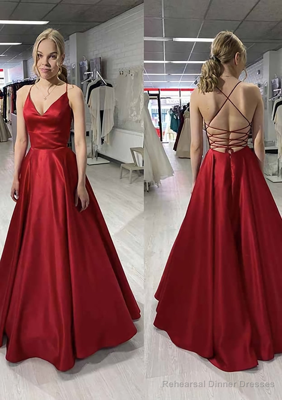 A-line/Princess V Neck Sleeveless Satin Long/Floor-Length Prom Dresses Main image