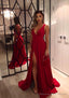 A-line/Princess V Neck Sleeveless Sweep Train Charmeuse Evening Dresses