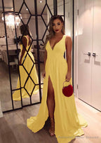 A-line/Princess V Neck Sleeveless Sweep Train Charmeuse Evening Dresses