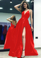 A-line/Princess V Neck Sleeveless Sweep Train Satin Prom Dresses With Split