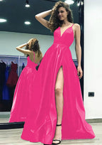 A-line/Princess V Neck Sleeveless Sweep Train Satin Prom Dresses With Split
