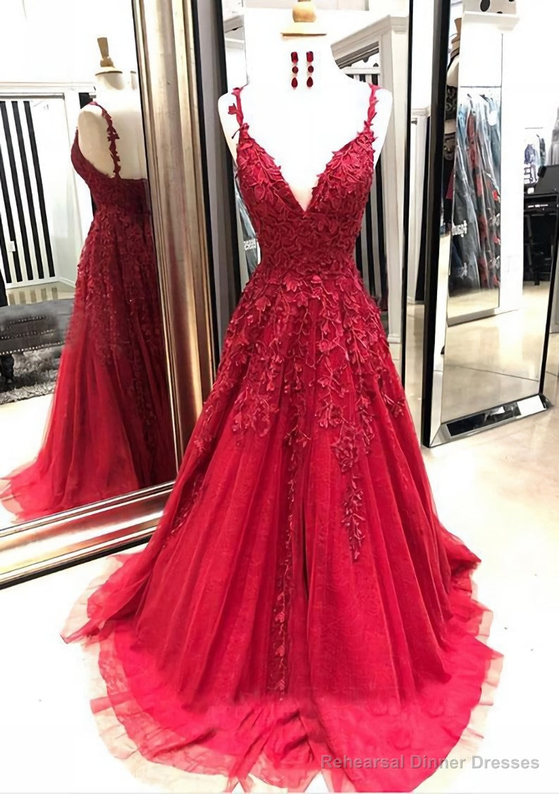 A-line/Princess V Neck Sleeveless Sweep Train Tulle Prom Dresses With Appliqued Main image