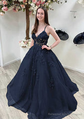 A-line Princess V Neck Sleeveless Sweep Train Tulle Prom Dresses With Appliqued Beading Lace