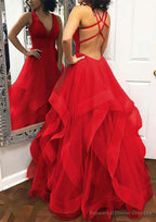 A-line Princess V Neck Sleeveless Tulle Long/Floor-Length Prom Dresses With Pleated