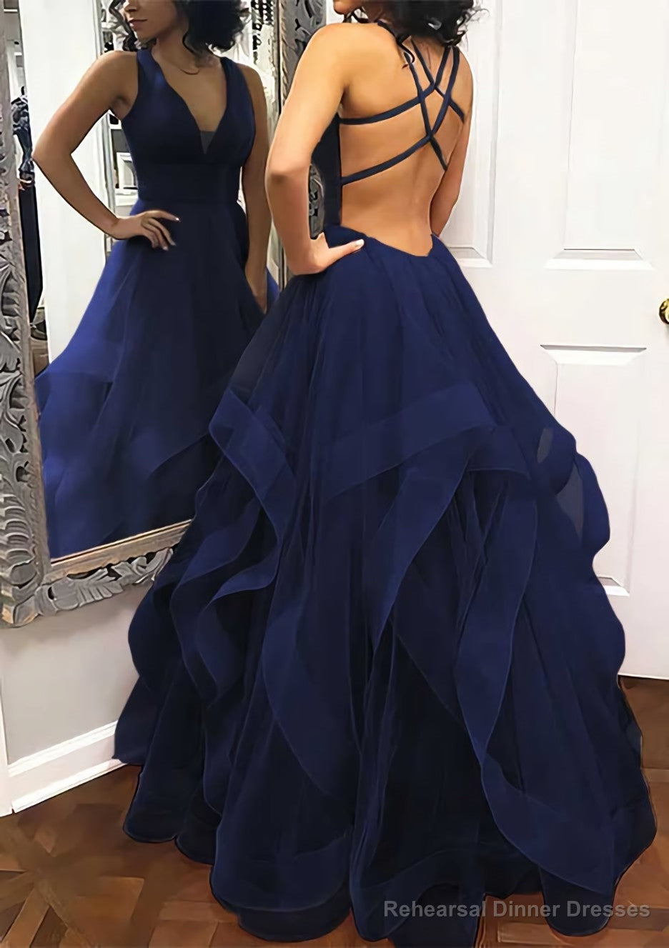 A-line Princess V Neck Sleeveless Tulle Long/Floor-Length Prom Dresses With Pleated Secondary image