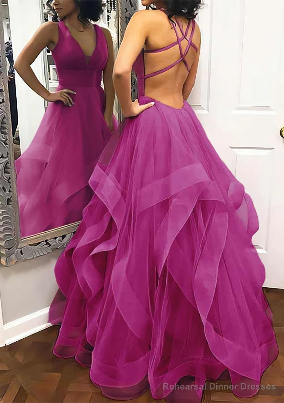 A-line Princess V Neck Sleeveless Tulle Long/Floor-Length Prom Dresses With Pleated