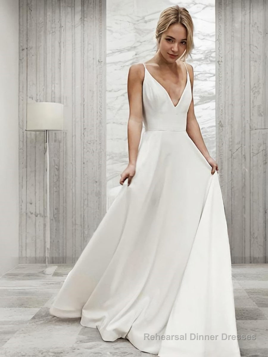 A-Line/Princess V-neck Sweep Train Charmeuse Wedding Dresses Main image