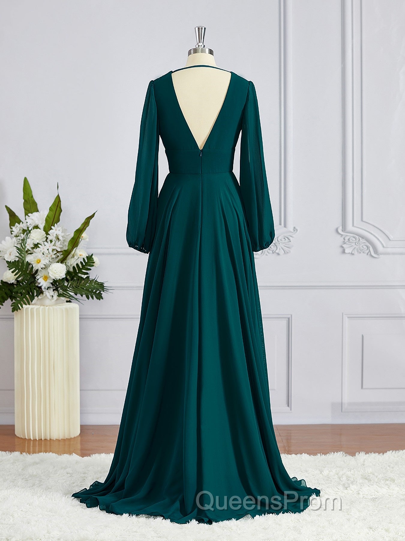 A-Line/Princess V-neck Sweep Train Chiffon Bridesmaid Dress