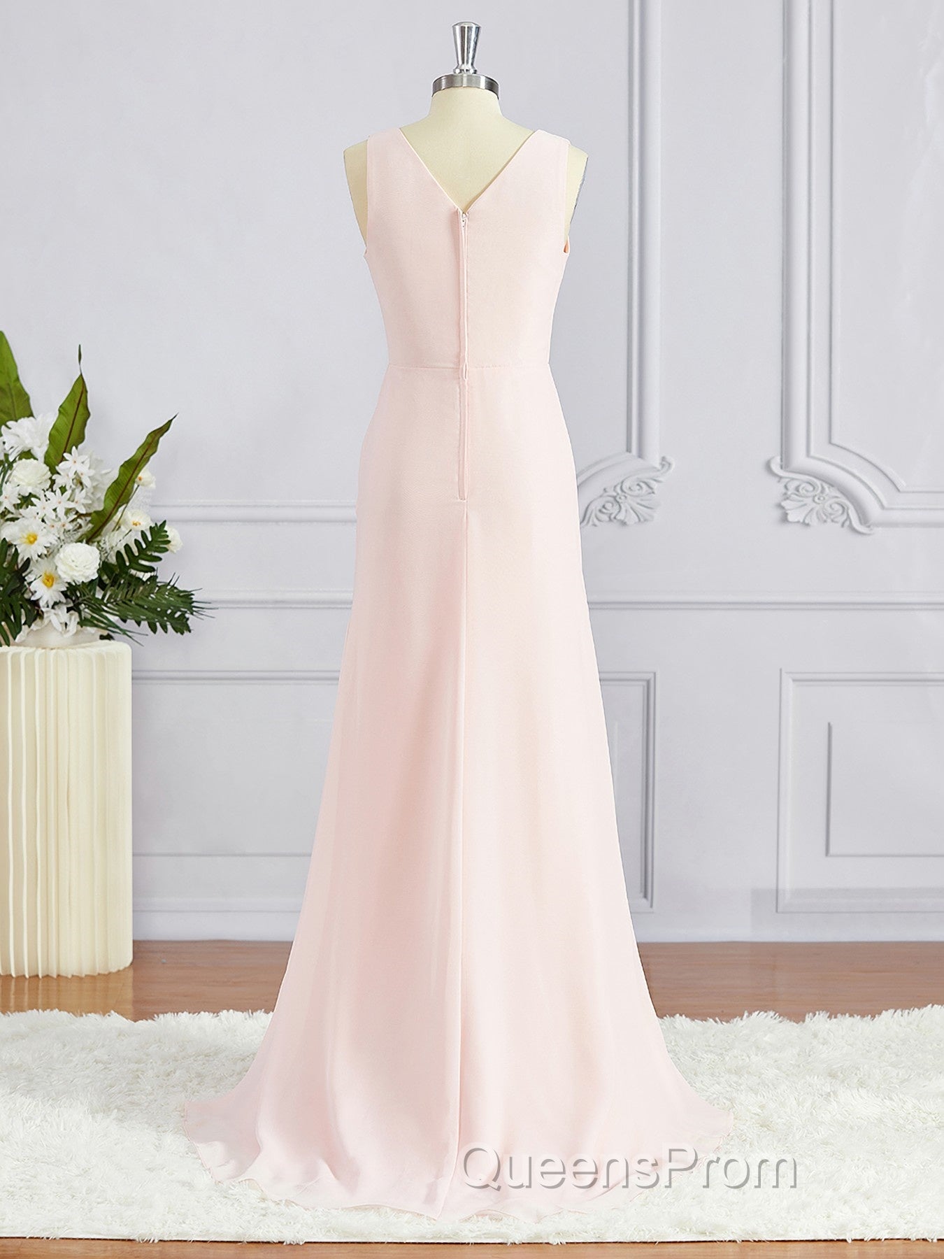 A-Line/Princess V-neck Sweep Train Chiffon Bridesmaid Dress