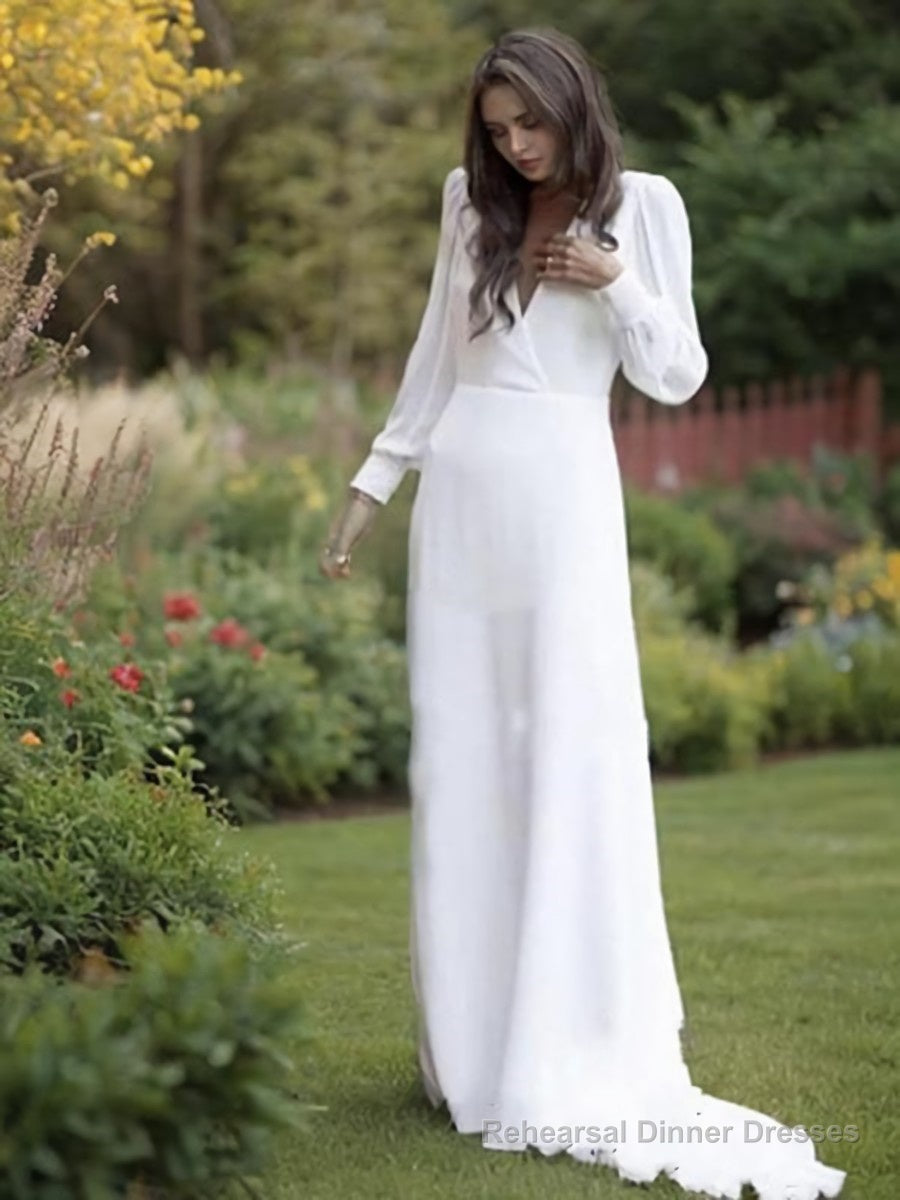 A-Line/Princess V-neck Sweep Train Chiffon Wedding Dresses Main image