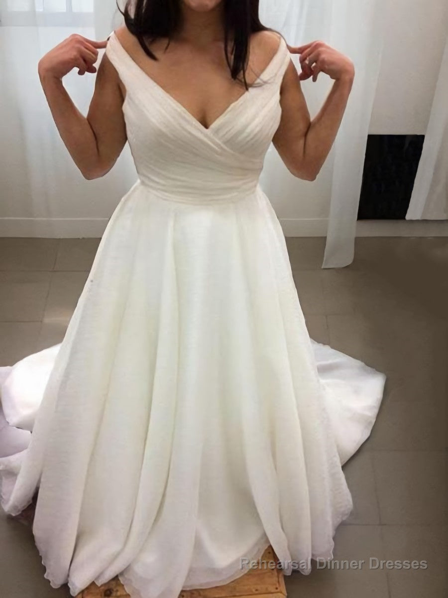 A-Line/Princess V-neck Sweep Train Chiffon Wedding Dresses Main image