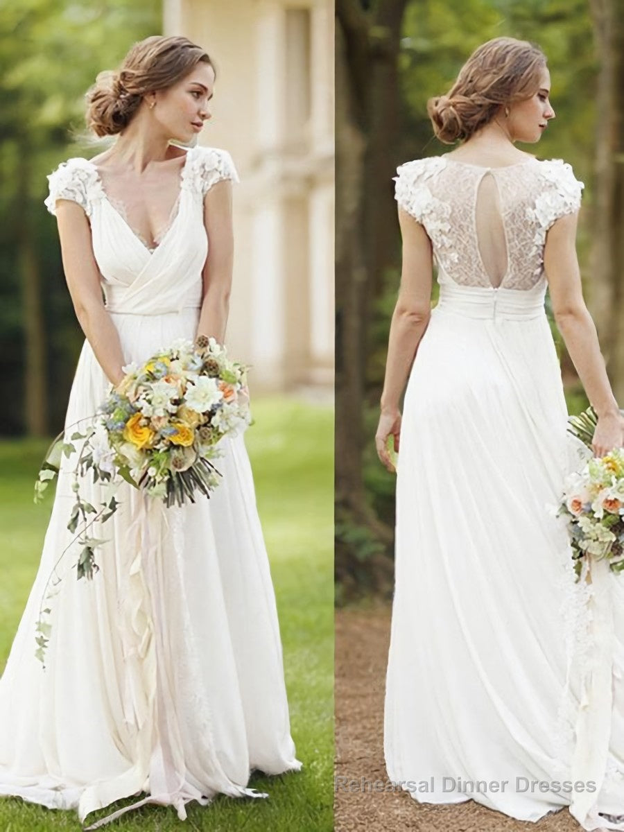 A-Line/Princess V-neck Sweep Train Chiffon Wedding Dresses Main image
