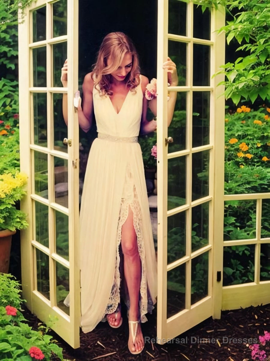 A-Line/Princess V-neck Sweep Train Chiffon Wedding Dresses With Leg Slit Main image