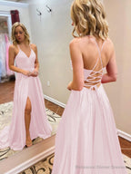 A-Line/Princess V-neck Sweep Train Elastic Woven Satin Evening Dresses With Leg Slit