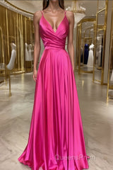 A-Line/Princess V-neck Sweep Train Elastic Woven Satin Evening Prom Dress