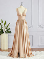 A-Line/Princess V-neck Sweep Train Jersey Bridesmaid Dress with Leg Slit