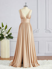 A-Line/Princess V-neck Sweep Train Jersey Bridesmaid Dress with Leg Slit