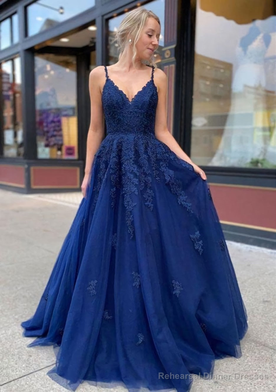 A-line/Princess V Neck Sweep Train Lace Prom Dresses Main image