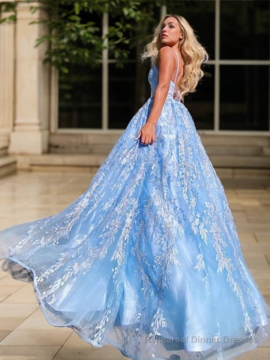 A-Line/Princess V-neck Sweep Train Lace Prom Dresses With Appliques Lace Secondary image