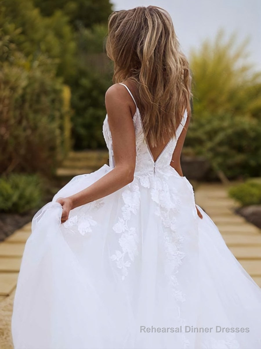 A-Line/Princess V-neck Sweep Train Lace Wedding Dresses With Appliques Lace Secondary image