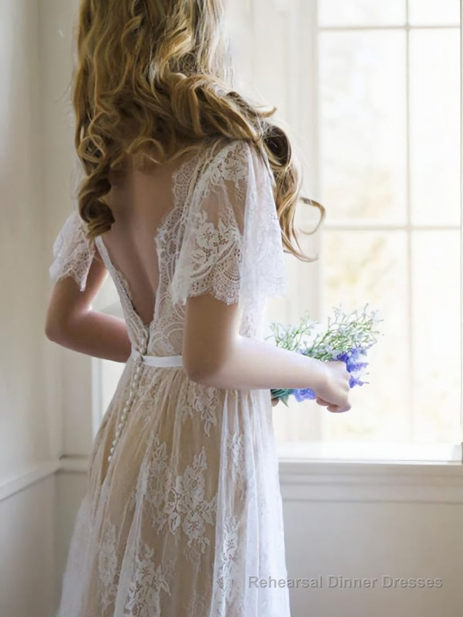 A-Line/Princess V-neck Sweep Train Lace Wedding Dresses With Appliques Lace Secondary image