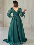 A-Line/Princess V-neck Sweep Train Organza Evening Dresses With Ruffles