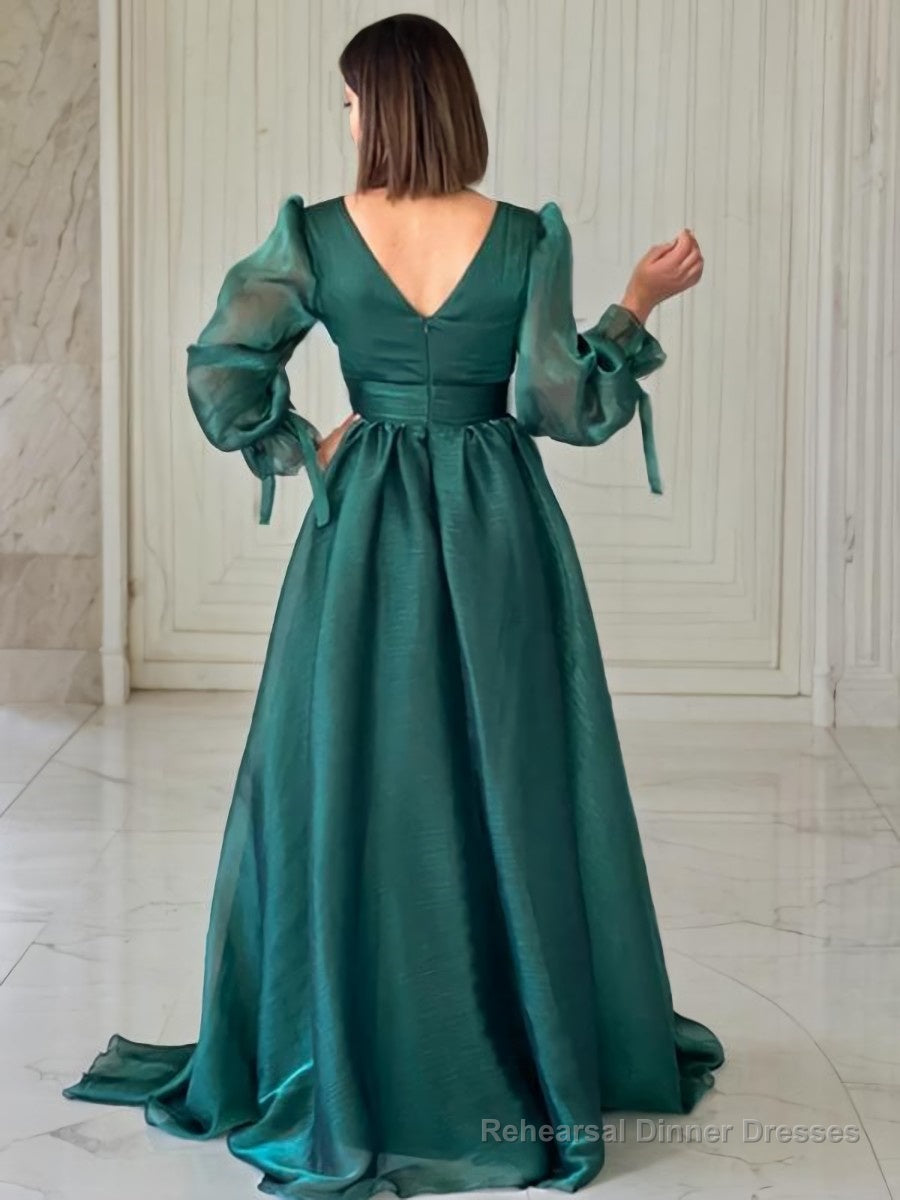 A-Line/Princess V-neck Sweep Train Organza Evening Dresses With Ruffles