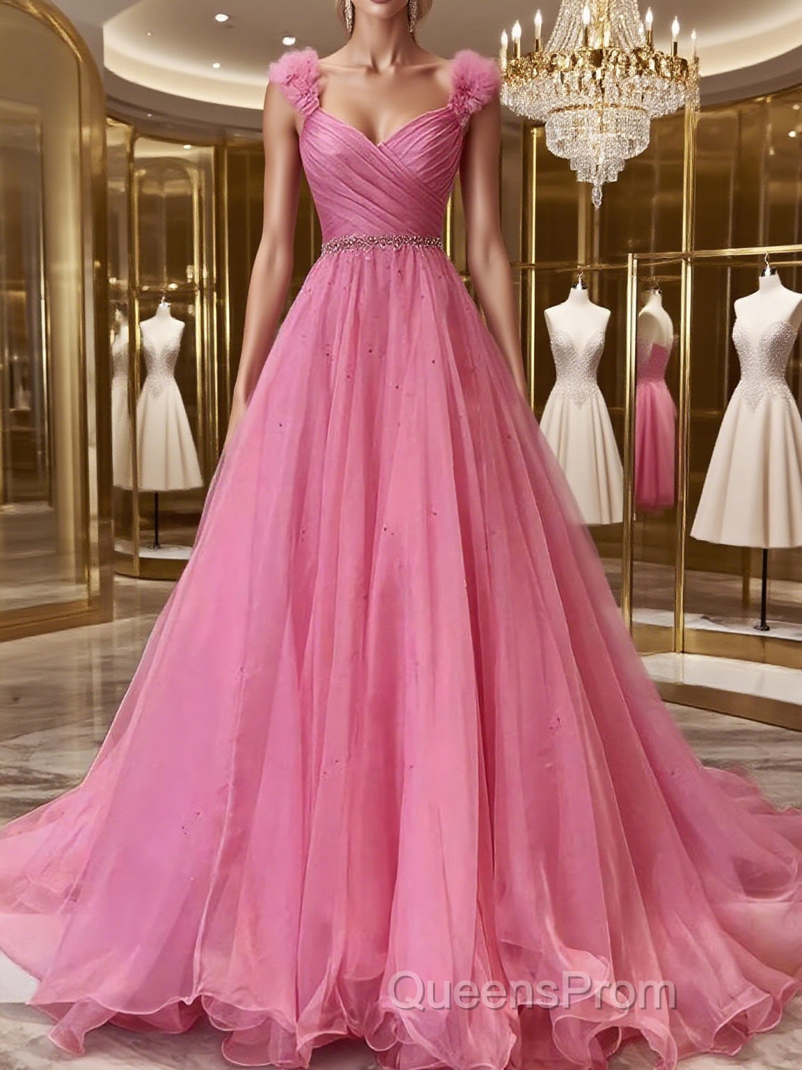 A-Line/Princess V-neck Sweep Train Organza Evening Prom Dress With Ruffles Main image