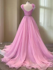 A-Line/Princess V-neck Sweep Train Organza Evening Prom Dress With Ruffles