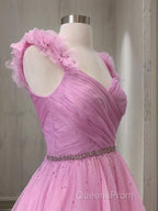 A-Line/Princess V-neck Sweep Train Organza Evening Prom Dress With Ruffles