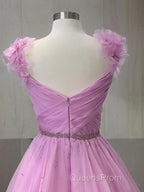 A-Line/Princess V-neck Sweep Train Organza Evening Prom Dress With Ruffles
