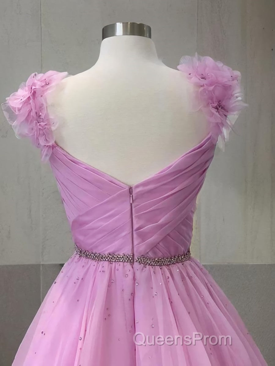 A-Line/Princess V-neck Sweep Train Organza Evening Prom Dress With Ruffles