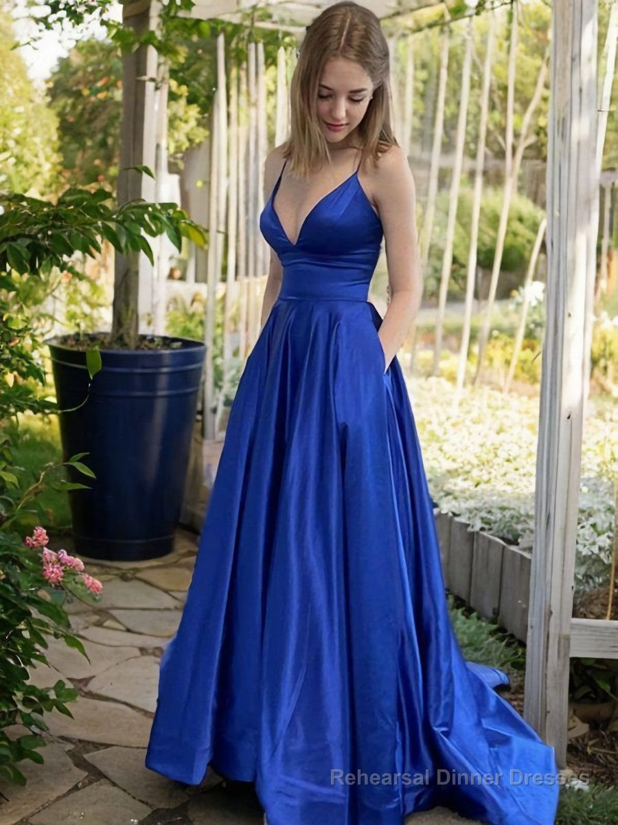 A-Line/Princess V-neck Sweep Train Satin Prom Dresses With Pockets Main image