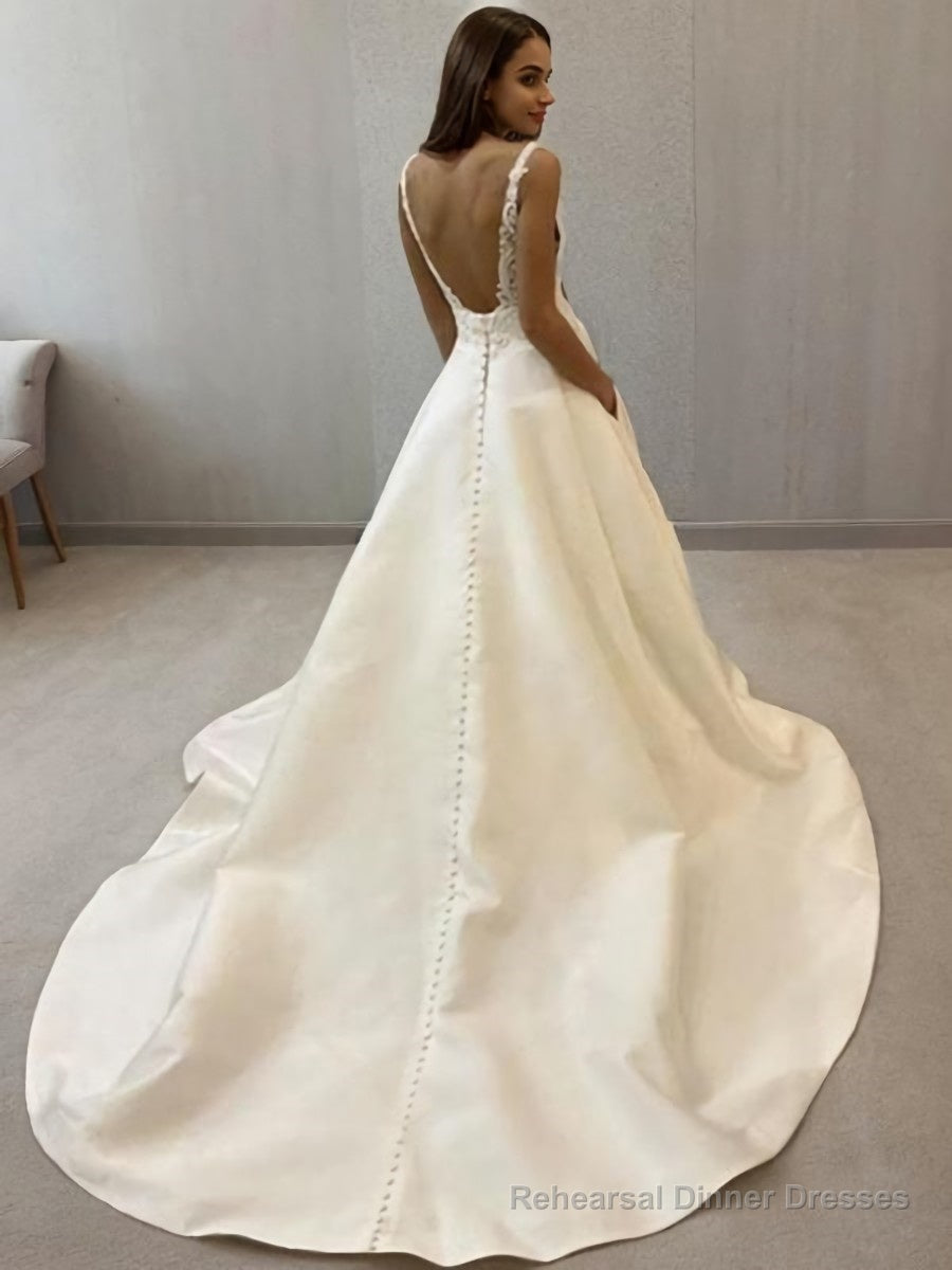 A-Line/Princess V-neck Sweep Train Satin Wedding Dresses Secondary image