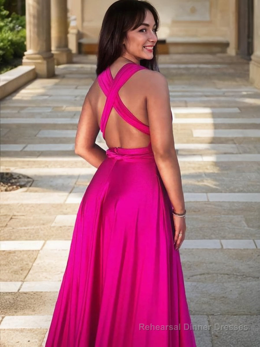 A-Line/Princess V-neck Sweep Train Silk like Satin Prom Dresses With Leg Slit